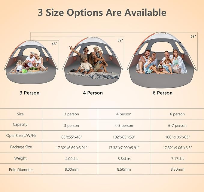 NXONE Beach Tent Sun Shelter with UPF 50+ UV Protection, Lightweight Easy Setup Portable Beach Canopy for Family, Large Space for Beach, Camping & Outdoor, 3/4/6 Person