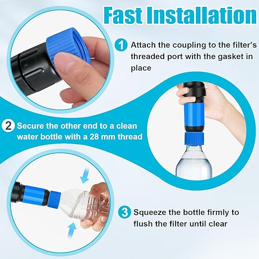 3 Pcs Water Filter Coupling Kit, Filtration Cleaning Couplings with 15 Pcs Gasket Seals, for 28mm External Threaded Water Filters and Standard Plastic Bottles for Hiking Camping
