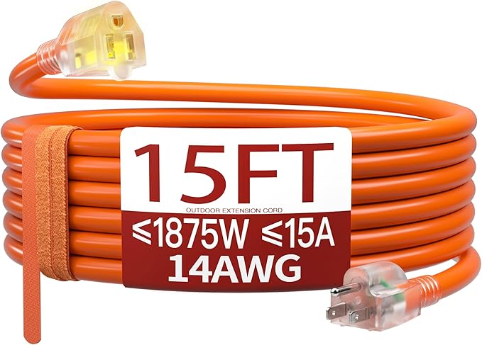 15 FT 14/3 Extension Cord Outdoor, Heavy Duty Weatherproof & Flame Retardant Orange 3 Prong Power Cord with Light, Outside for Lawn & Garden, 15 Amps 1875 Watts 125 VAC 14AWG SJTW, ETL Listed