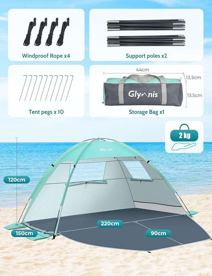 Glymnis Beach Tent Sun Shelter for 3 Person with UPF 50+ UV Protection, Lightweight & Easy Setup Beach Shade Canopy with Vent Windows & Zippered Door - Green