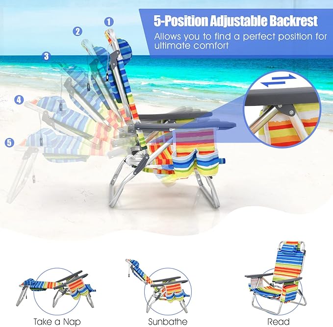 Tangkula Backpack Beach Chair with Table, 5-Position Lay Flat Beach Chairs with Cooler Bag, 2 Cup Holders, Towel Bar, Lightweight Low Folding Beach Chair with Backpack Straps
