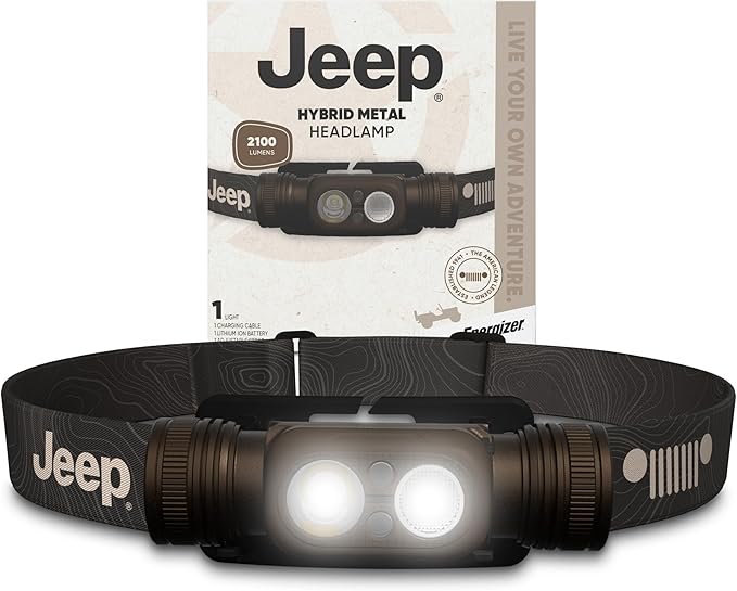 Energizer Jeep HM-2000 Headlamp Rechargeable, Hybrid Power Source Head Lamp, IPX4 Water-Resistant, Bright Rechargeable Headlamp, USB-C Cable Included