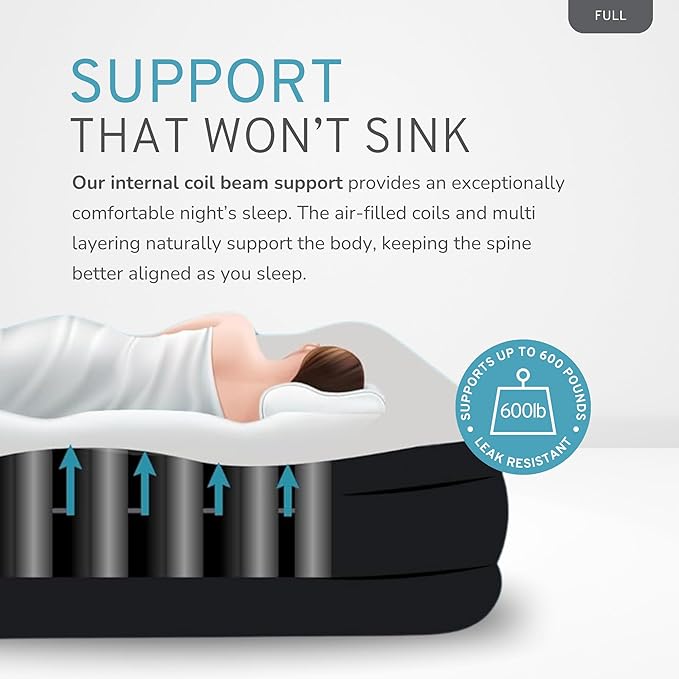 RestElevated Luxury Pillow Top Full Size Air Mattress with Built in Pump | 20" Raised Height with Coil Beam Support | Adjustable Blow Up Air Bed | for Home, Guests and Camping [Black with Cream Top]