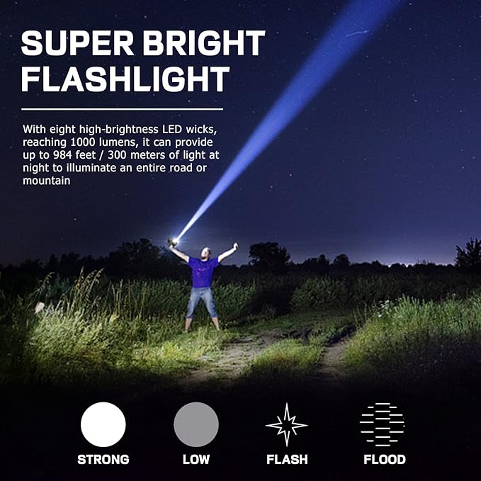 8 LED Solar Flashlight with COB Sidelight, 1000 Lumens Solar Powered Flashlights, Solar or USB Charging Waterproof Handheld Flashlights with 3 Modes for Fishing Outdoor Camping Emergencies