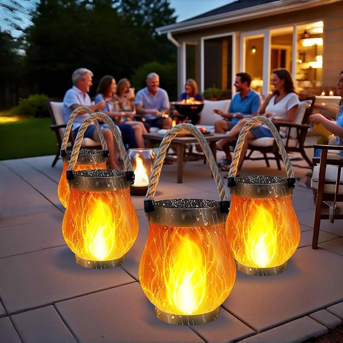 Solar Lantern Outdoor Lights, Solar Lantern, Flame Camp Lamp , Realistic Flames, Ip65 Waterproof, for Patio Poolside Yard Patio Porch Garden Path (4 PCS)
