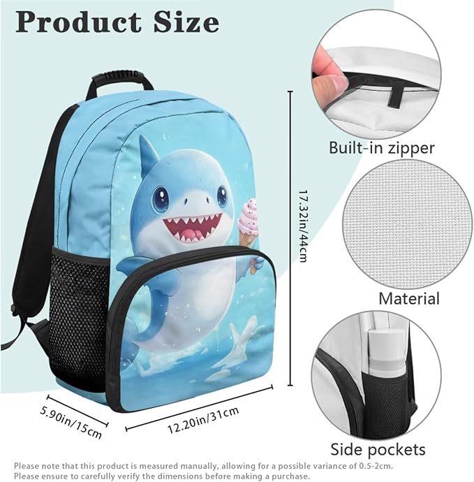 Shark Backpack with Lunch Box Blue Bookbag Cute Lightweight Kids Bookbag with Lunch Box Boys 4 Pcs School Bags for Boys 10-12 Travel Outdoor Camping Daypack Graduation Gifts