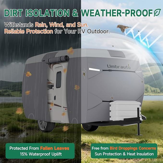 Umbrauto Fiberglass Travel Trailer Cover Fits 11'-13' Trailers, Upgraded 7 Layers Top Camper RV Cover with Windproof Strap,Adhesive Repair Patches