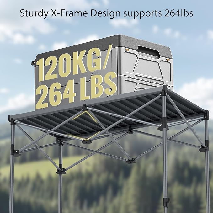 Anbte Camping Table Foldable, 2 Adjustable Height 34.2”, Large Roll Up Camping Table Support 264lbs with Storage Basket and Bag, Aluminum Outdoor Table, for Picnic Travel BBQ, 39.4” x 19.7”, Black