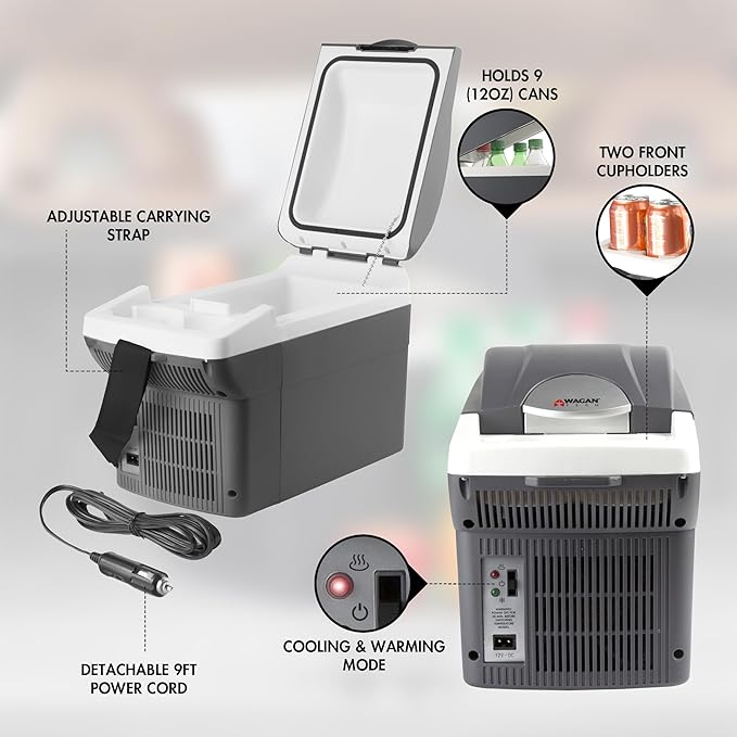 Wagan EL6206 12V 6 Quart Personal Thermoelectric, 6 Liter Capacity, Portable Electric Cooler Warmer with 12/24V DC, Small Fridge for Car, RV, and Camping Use, UL Listed