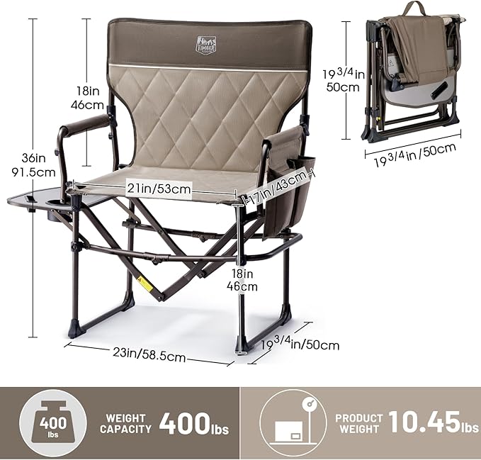 Timber Ridge Aluminum Camping Directors Chair with Side Table Pocket, Portable Folding Heavy Duty Lawn Chair for Fishing Trip Picnic Concert Outdoor 400lbs, Tan