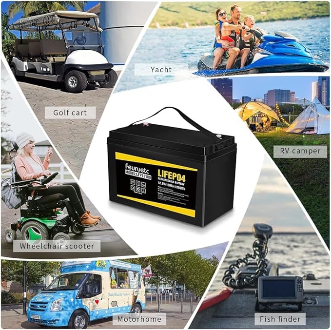 12V 100Ah LiFePO4 Battery with 100A BMS, 15000+ Deep Cycles, Solar Energy Storage, Lithium Phosphate Batteries for Home Motor, Travel Trailer, Camping, Off-Grid Power (1PC)