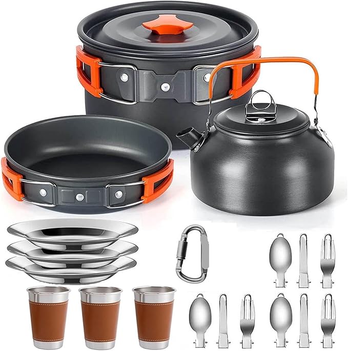 Compatible for Camping Cooking Set Cookware Travel Tableware Outdoor Picnic Teapot for 2-3 Peaple Non-Stick Pots Assorted Sets