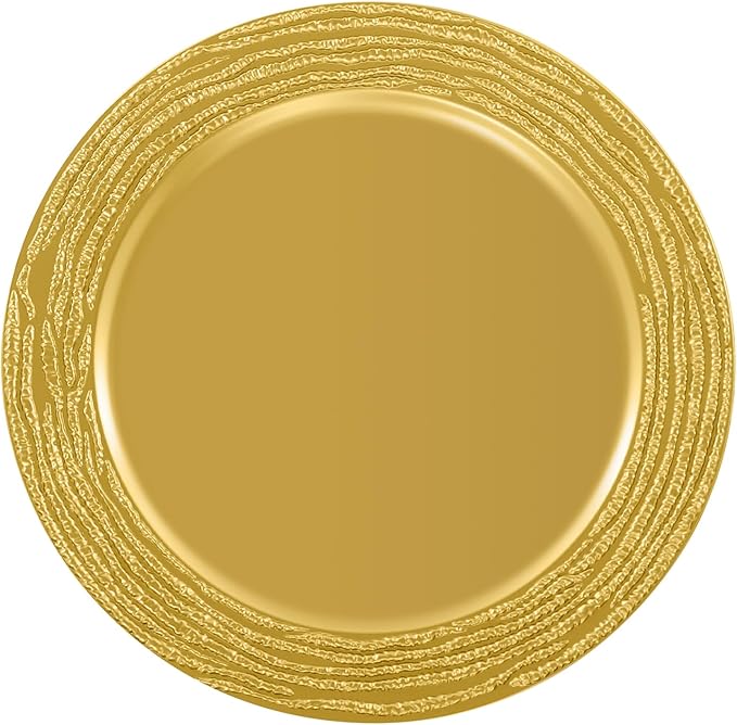 100 PCS Antique Charger Plates Bulk, 13'' Plastic Embossed Dinner Plate Chargers Round Floral Plates for Wedding Decorative Chargers for Table Dinner Kitchen Party Decoration (Golden)