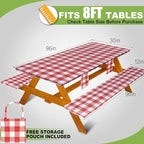 Picnic Table Cover with Bench Covers Vinyl Elastic Edges Fitted Rectangle Seat Tables Waterproof 3-Piece96X30in Set Outdoor Rectangular Folding Backing Tablecloth for Camping Over Size