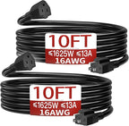 16/3 Short Extension Cord 10 FT 2 Pack, Black Extension Cord Flexible & Durable, Indoor 3 Prong Power Cable, Suitable for Home and Office, 13 Amp 1625 Watt 125VAC 16AWG, ETL Listed