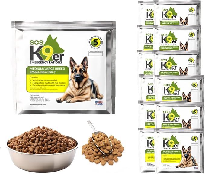 SOS Food Lab Emergency Dog Food Ration (12 Pack, 8 Oz Each) - Pet Food Contains High Protein Chicken for Any Size Dog Breed - Ready to Eat - 5 Year Shelf Life - Formulated for Increased Endurance