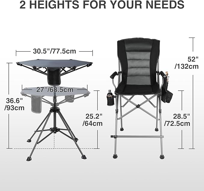 Extra Tall Folding Chairs 2 Pack & Adjustable Height Folding Table Set, Portable Outdoor Bar Table & Foldable Director Chairs with Makeup Pocket for Backyard,Beach,Travel with Storage Bag