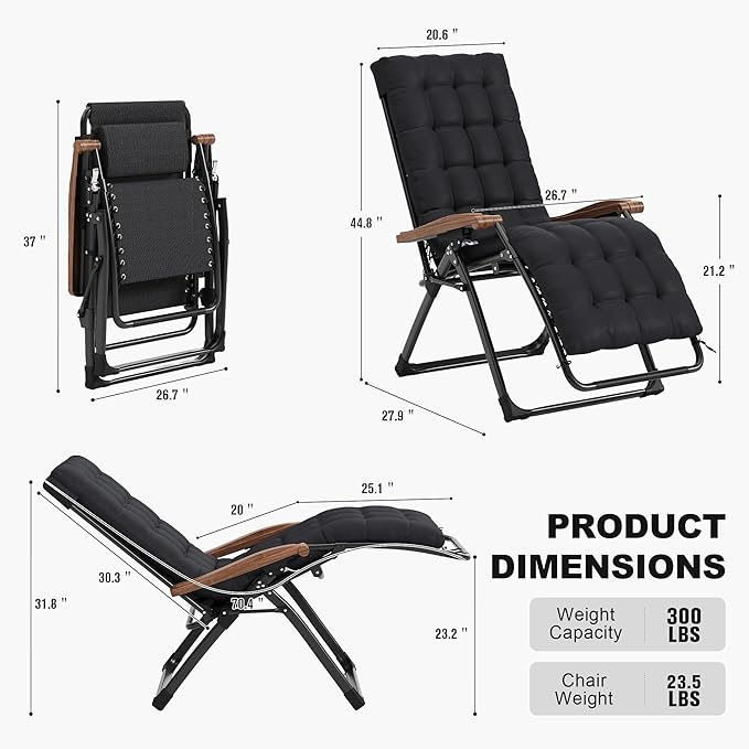PURPLE LEAF Outdoor Reclining Chair Patio Zero Gravity Chaise Lounge Folding Chair with Removable Cushion Adjustable Headrest for Lawn Camping Beach Pool Black