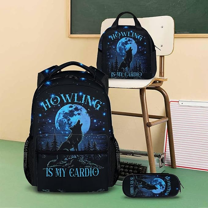 Boys Backpack, Wolf Gifts, Cool Wolf Backpacks for Kids 6-8, 17 Inch School Bag with Lunch Box, Large Capacity Student Bookbag and Pencil Case Bundle for Travel School