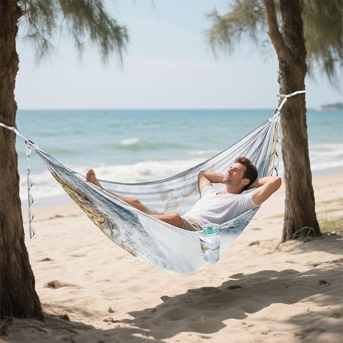 White and Gold Marblexture Hammocks Cloth Hammock for Camping Travel Accessories
