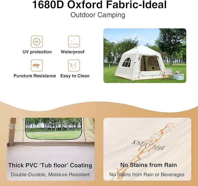 2025 Upgraded Waterproof Inflatable Camping Tent, Large Blow-Up Air Tent, No Assembly Needed Luxury Glamping House, Oxford Fabric