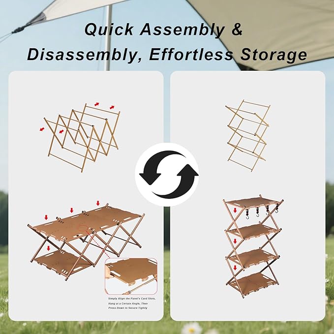 Portable Camping Table & Shelf, 2-in-1Folding Carbon Steel Picnic Rack 37" 4-Tier Storage Cook Station with 4 Hooks,Perfect for Party, Dining, Camping, BBQ, Indoor, Outdoor