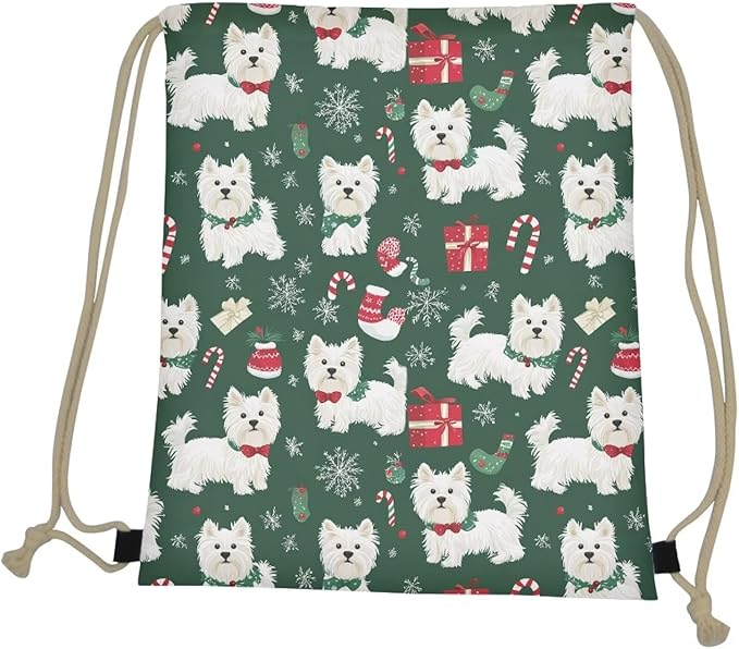 Upetstory Christmas Westie Drawstring Backpack Portable Draw String Bag Lightweight Cinch Sackpack Gymnastics Beach Storage Pouch for Adults Kids Travel Beach Swim Dance Yoga