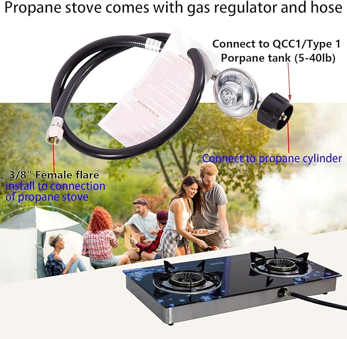 Hothit Gas Cooktop 2 Burner Outdoor Propane Stove, 28600 BTU, Portable Auto Ignition LPG Tempered Glass for camping, Courtyard Barbecue, RV Travel