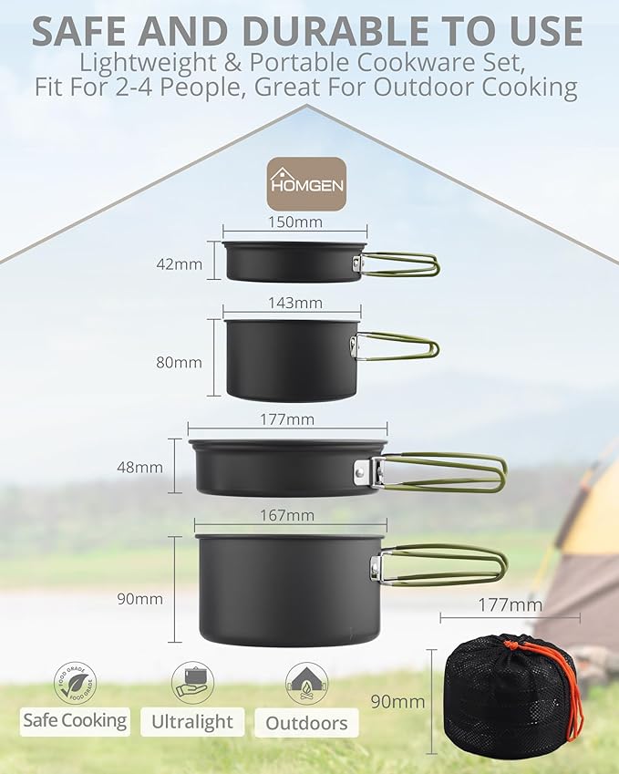 HOMGEN Portable Camping Cookware Set-Lightweight Aluminum Camp Pots and Pans Kit-Comes with Non-Stick Pots/A Frying Pan etc-Complete Camping Mess Kit for Camping/Hiking/Fishing & Other Outdoor Trip