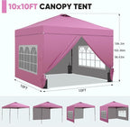 GDY 10x10 Pop Up Canopy Tent with 4 Sidewalls, Easy Set up with One Push Lift Outdoor Silver Coated Beach Gazebos, Carpas with 4 Sandbags, for Outdoor, Parties,Camping, Pink.