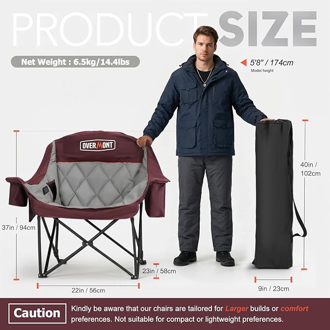 Overmont Oversized Camping Chair for Adults - 400lbs Support Heavy Duty Padded Folding Chair with Cooling Bag Cup Holder Side Pocket Carry Bag - Comfortable Portable for Outdoor Garden Sports Beach