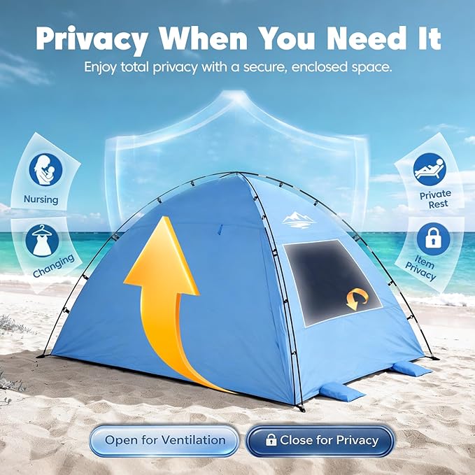 Beach Tent Sun Shelter - 2/3/4 Person UPF 50+ UV Tents with Canopy, Easy Setup Lightweight Beach Shade Tent, Portable Beach Cabana Sun Shade Shelter