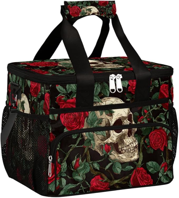 Gothic Skull Rose Flower Soft Cooler Bag Insulated Lunch Box for Men & Women, Large Leakproof Lunch Bag Portable Beach Cooler for Work, Picnic, Road Trips,Fishing, Travel, Camping,A-8