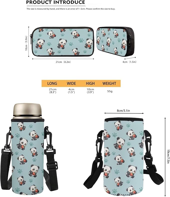 Panda School Backpack with Lunch Box and Water Bottle Bag Pencil Case Large Capacity Travel Backpacks for Kids Kindergarten Elementary Middle Lightweight Camping Travel