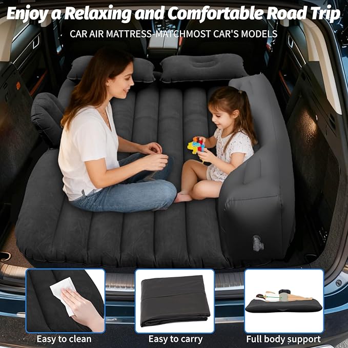 Inflatable Car Air Mattress Back Seat Bed with Air Pump,55 "x 35" Portable Thickened Car Travel Camping Sleeping Air Mattress Blow Up Bed for Car Universal SUV