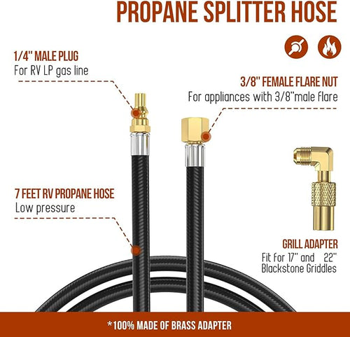 7 FT RV Propane Quick Connect Hose to Grill, BBQ Quick Release LP Gas Line for Camp Chef Stove, Pit Boss Burner-1/4 Male Plug x 3/8 Female Flare-with Elbow Adapter for Blackstone 17"22"28''36''Griddle