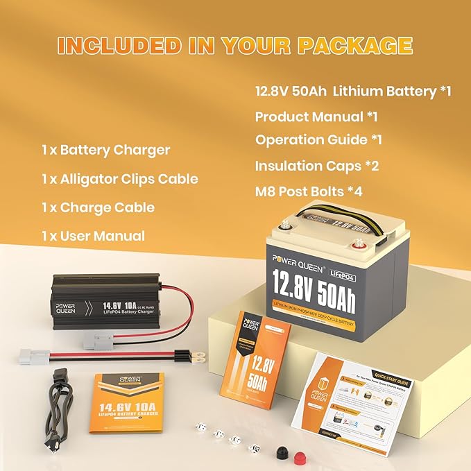 Power Queen 12V 50Ah LiFePO4 Battery with 14.6V 10A LiFePO4 Battery Charger, Built-in 50A BMS,12V 50Ah Deep Cycle Lithium Battery,15000+ Cycles for Kayak Trolling Motor, RV Trailer, Solar Application