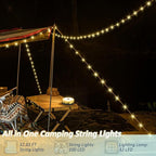 Camping String Lights, 32.8Ft Solar Camping Lights, Portable Waterproof Camp Lamp with 13 Lighting Modes, Hanging Rechargeable Tent Lantern for Outdoor, Indoor, Hiking, Yard, Party Decor