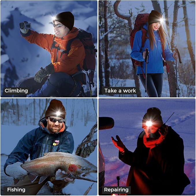LED Beanie Hat with Light, Headlamp Beanie Cap Unisex Winter Warm Knit Night Light Hat, Knit Beanie Gifts for Men Women Kid