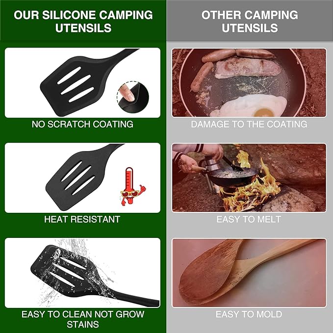 Camping Essentials Cookware Cooking Utensils Set - Portable Camp Kitchen Mess Kit Outdoor Accessories, Stainless Steel & Silicone, Camping Gear Equipment for RV Picnic Grill, Green