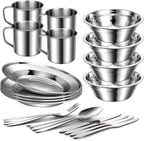 Odoland 29pcs Stainless Steel Utensils Camping Mess Kits with Bowls Plates Cups Forks Spoons and Knives for 4, Cutlery Flatware Set for Backpacking, Outdoor Camping Hiking and Picnic