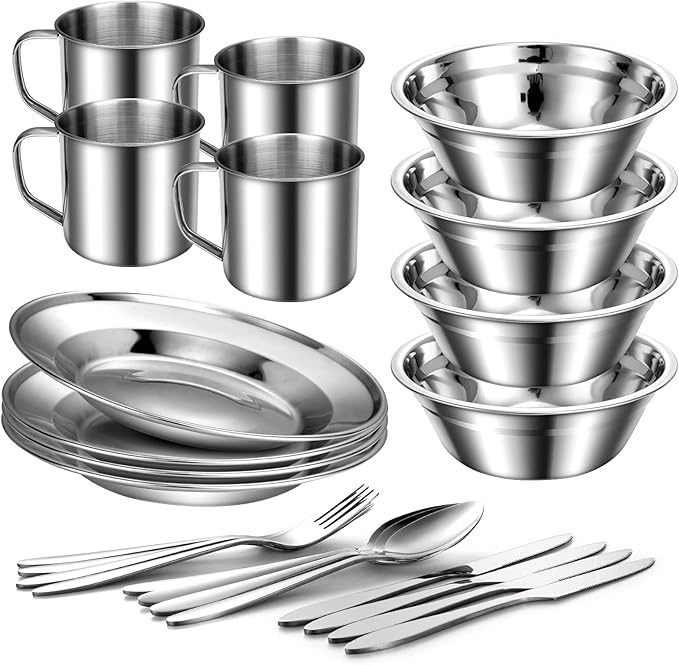 Odoland 29pcs Stainless Steel Utensils Camping Mess Kits with Bowls Plates Cups Forks Spoons and Knives for 4, Cutlery Flatware Set for Backpacking, Outdoor Camping Hiking and Picnic
