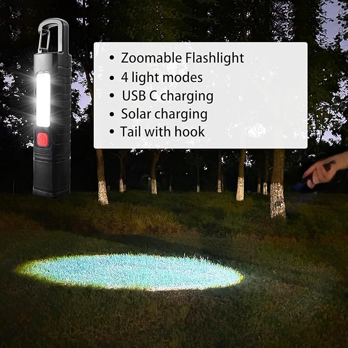 2 Pack Solar Flashlight, Rechargeable Zoomable LED Flashlight, High Lumens Solar Powered Flashlights with Tail Hook Rechargeable Handheld Flashlights for Home Emergency Camping Hiking