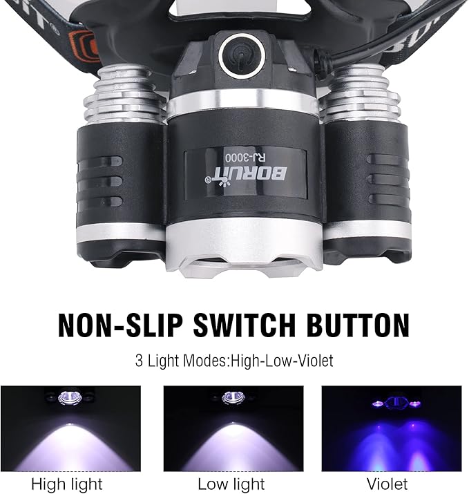 BORUIT RJ-3000 Headlamp with Black Light, 3 Modes Super Bright LED Head Lamps, USB C Rechargeabe, IPX4 Waterproof UV Headlight for Adults Hunting Fishing Camping