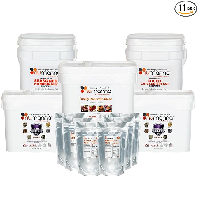 Numanna Survival Kit 850 Servings Includes 1 Family Pack with Meat, 1 Diced Chicken, 1 Ground Beef, 2 Defender Nutritive Packs with Meat & 6 Hormone-Free Milk Powder Pouches for Camping, Daily Use
