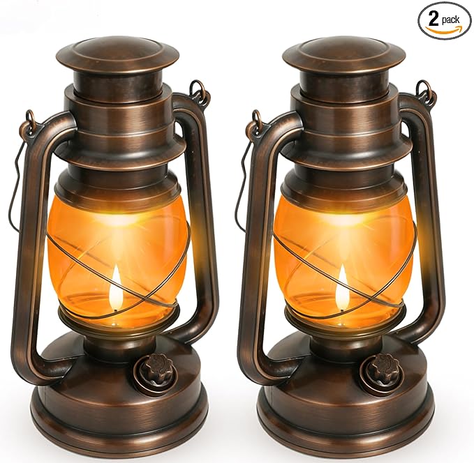 Vintage Battery Operated Lanterns 2 Pack, IP65 Waterproof Antique Outdoor Lantern with 2 Modes (Steady & Flickering) - Hanging Rustic Decor for Garden, Camping, Patio, Emergency