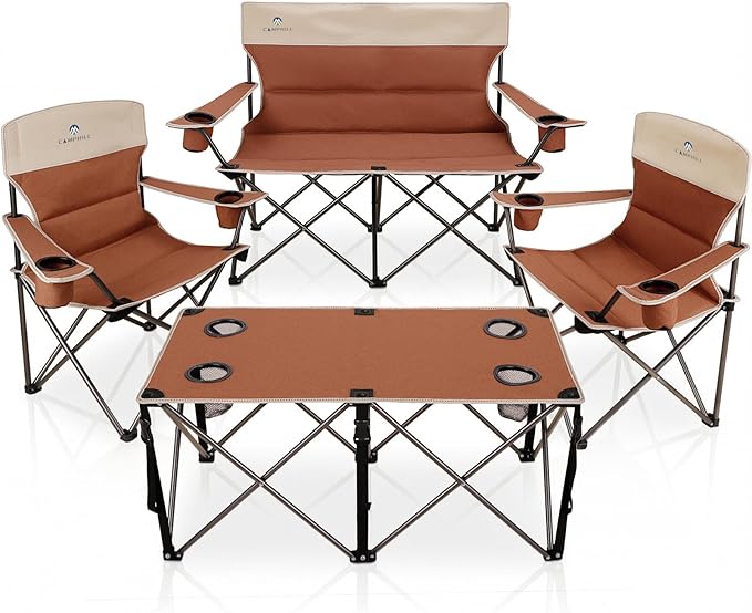 CAMPHILL Camping Chair Set of 3, Outdoor Folding Camping Chairs for Heavy People with Cup Holder & Carry Bag,Collapsible Chair Include One Sofa Chair and Two Single Chair,Support up to 500lbs