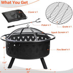 32 Inch Fire Pit Outdoor Burning Stove, 2 in 1 Metal Round Fireplace for Outside Bonfire Party, BBQ, Camping, Backyard, Patio, Garden w/Fire Poker, Spark Screen, Grate, Cover (Rhombic)
