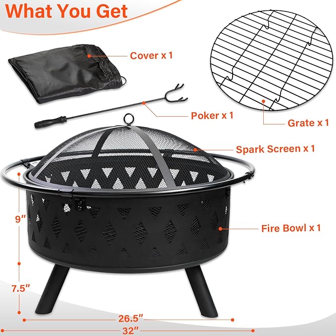32 Inch Fire Pit Outdoor Burning Stove, 2 in 1 Metal Round Fireplace for Outside Bonfire Party, BBQ, Camping, Backyard, Patio, Garden w/Fire Poker, Spark Screen, Grate, Cover (Rhombic)