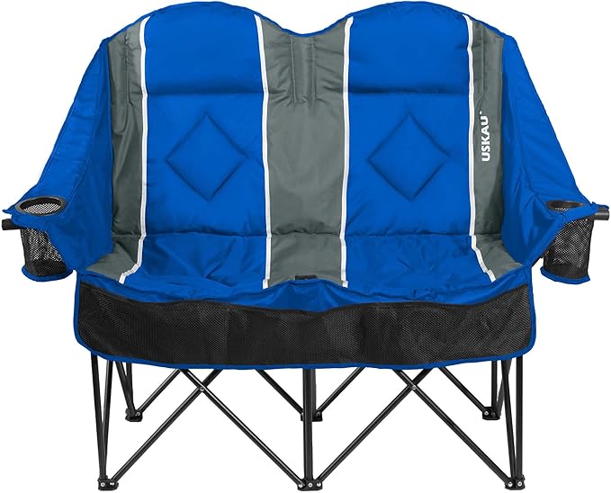 Oversized USLCamping Chair - 2 Person Portable Folding Outdoor Loveseat Heavy Duty Lawn Chairs for Adults with Padded Cushion & Dual Cup Holders, Supports 660LBS for Camping，Sports，Picnic